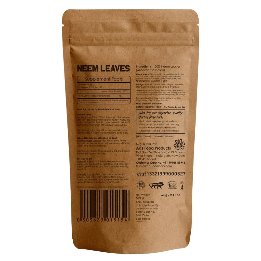 Tatwani Herbals Dried Neem Leaves 60gram for Face, Skin, Hair Growth Pack (Sun-Dried Stemless)