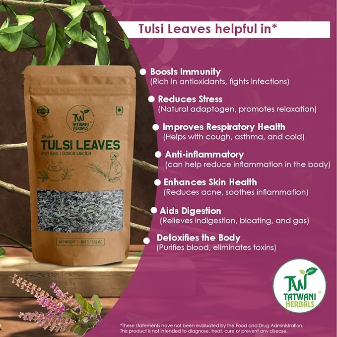 TATWANI HERBALS Tulsi Dried Leaves 50g for Tea, Infusions, and Natural Remedies | Holy Basil Leaves for Immunity Boost and Respiratory Wellness Men & Women