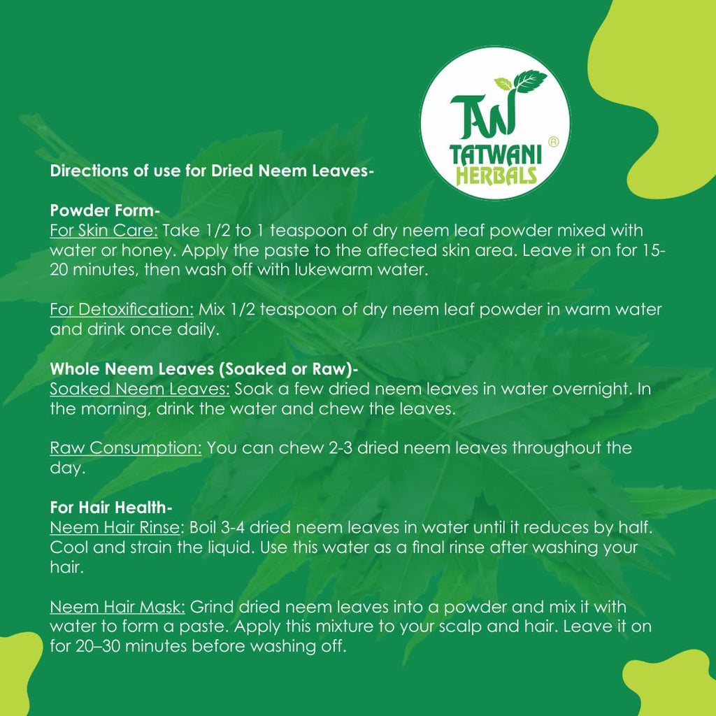 Tatwani Herbals Dried Neem Leaves 60gram for Face, Skin, Hair Growth Pack (Sun-Dried Stemless)