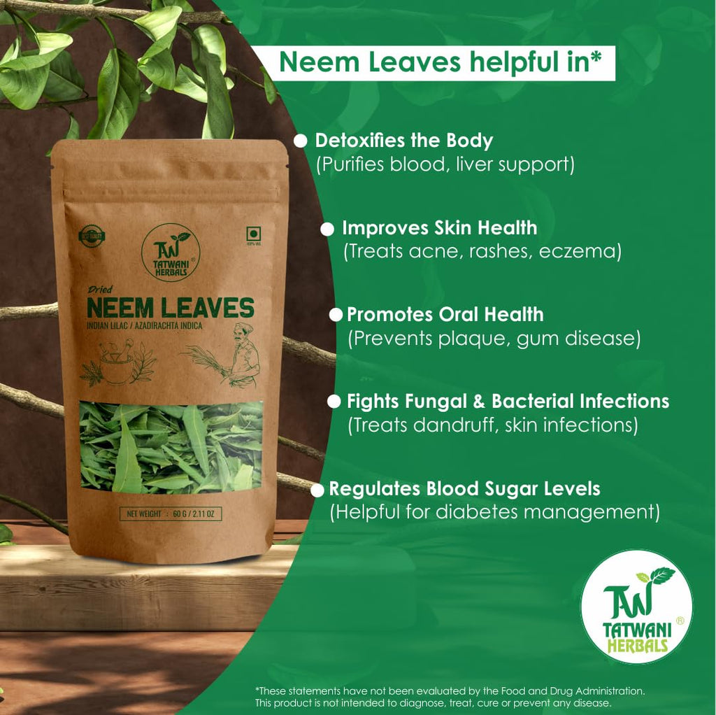 Tatwani Herbals Dried Neem Leaves 60gram for Face, Skin, Hair Growth Pack (Sun-Dried Stemless)