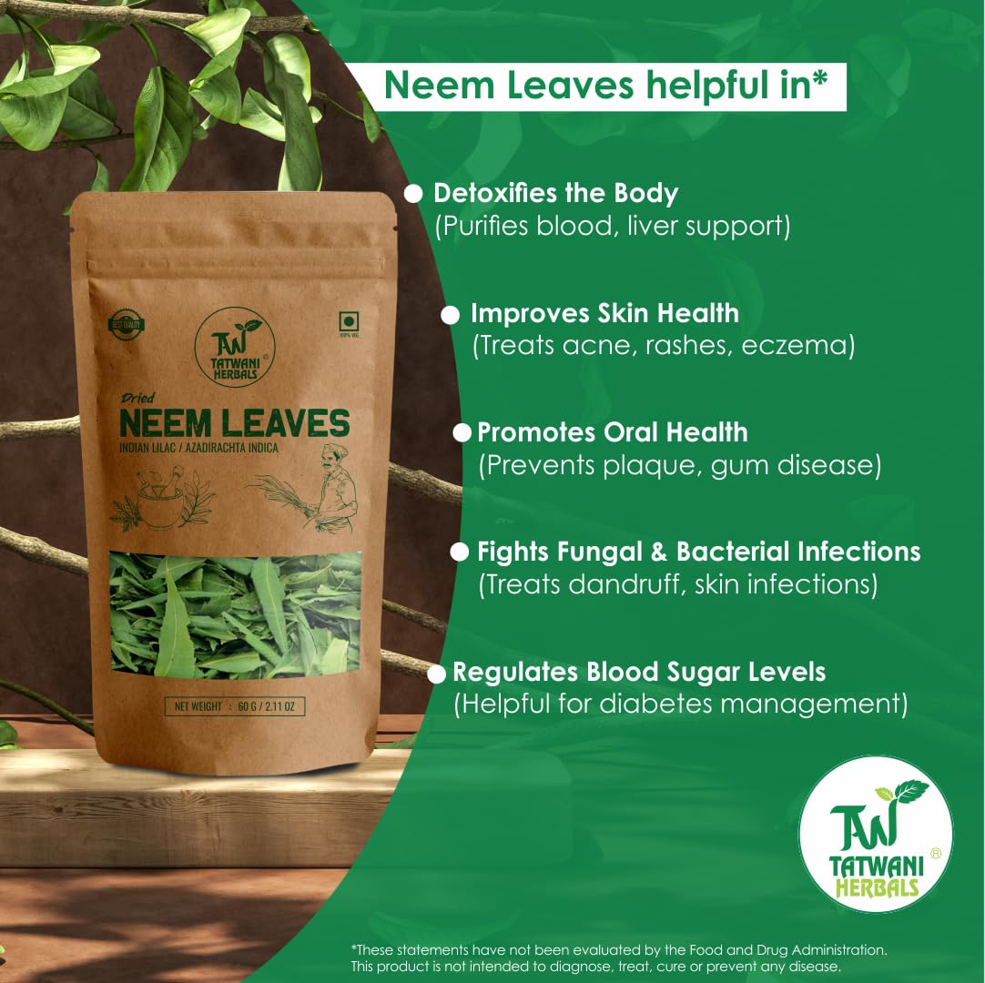 Tatwani Herbals Dried Neem Leaves 60gram for Face, Skin, Hair Growth Pack (Sun-Dried Stemless)