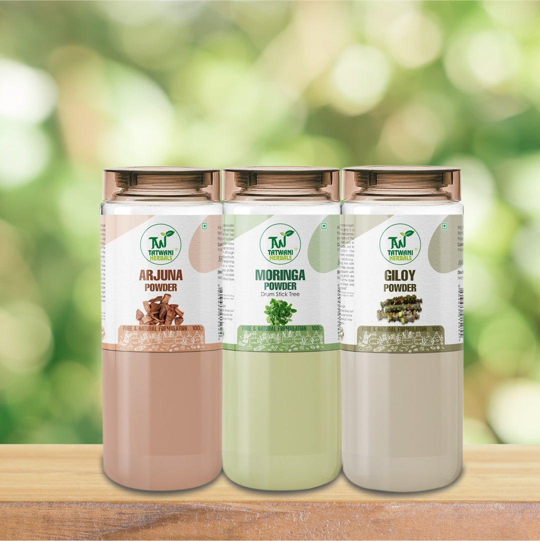 TATWANI HERBALS Arjuna Powder + Giloy Powder + Moringa Powder Combo 300g (100G Each) For Men & Women | To Support Heart Health & Promote Good Cholesterol