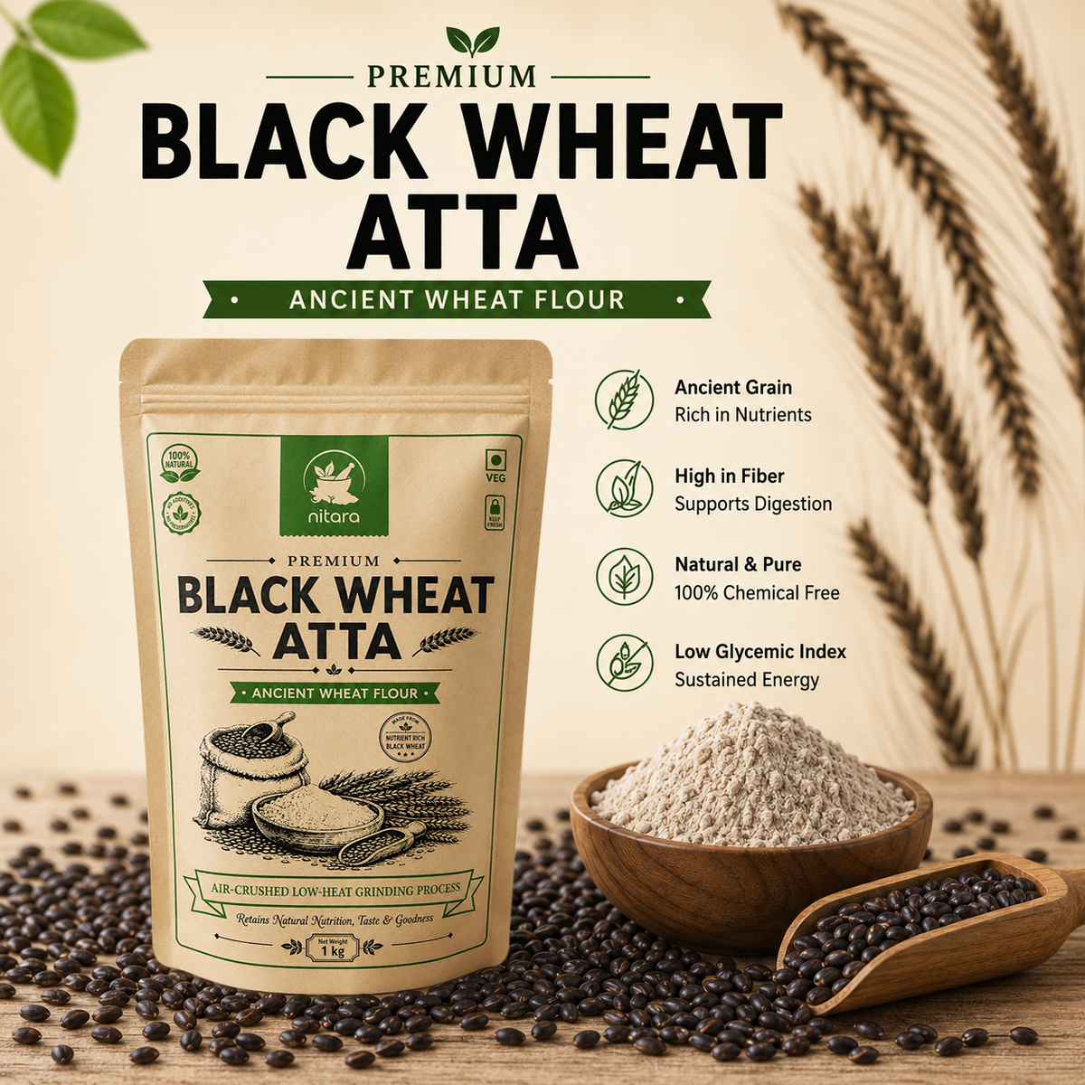 NITARA Black Wheat Flour | Premium Quality | 1kg