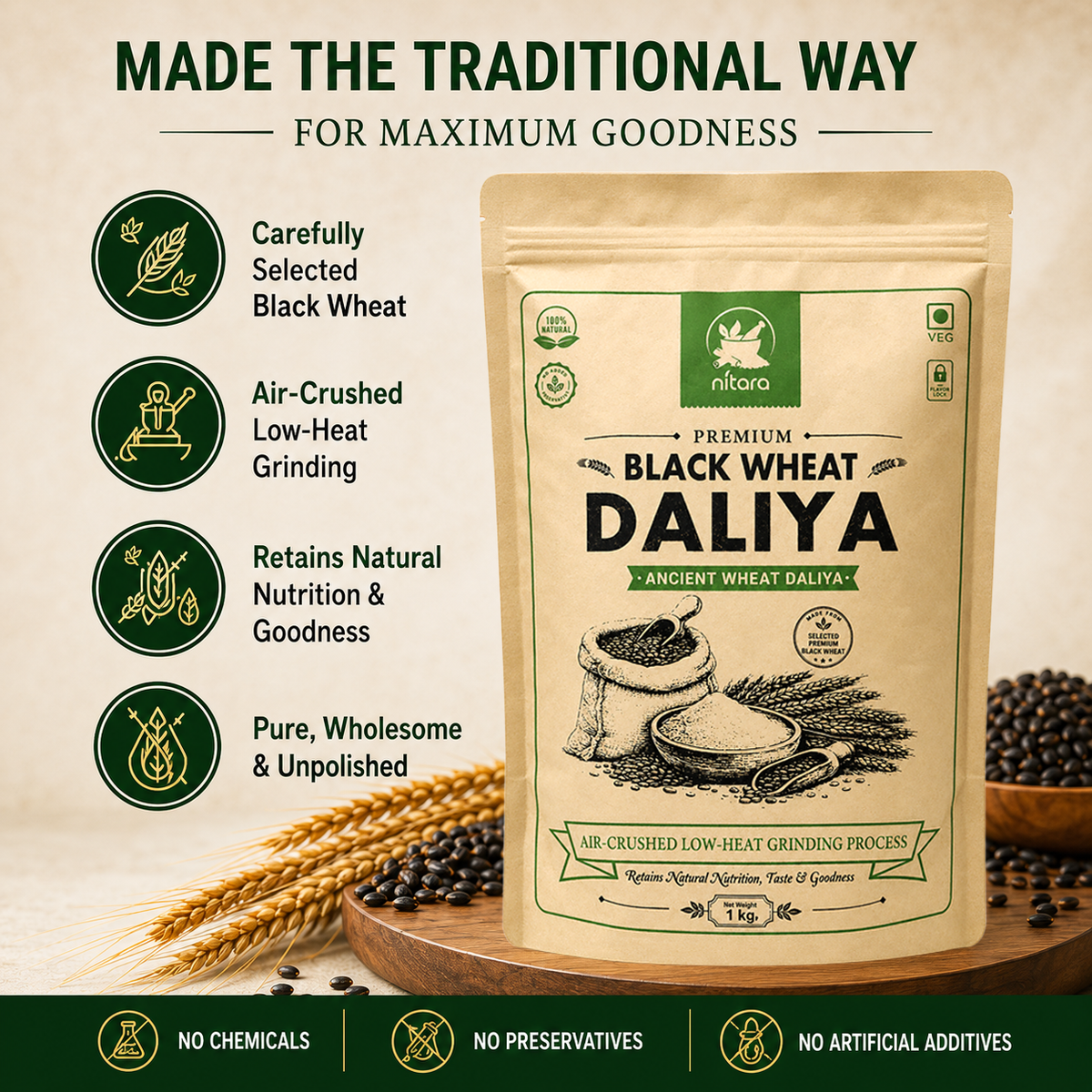 NITARA Black Wheat Daliya | Air-Crushed Processing | Premium Quality | 1kg