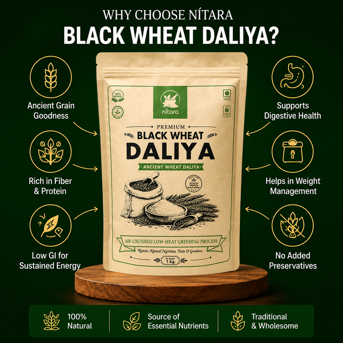 NITARA Black Wheat Daliya | Air-Crushed Processing | Premium Quality | 1kg