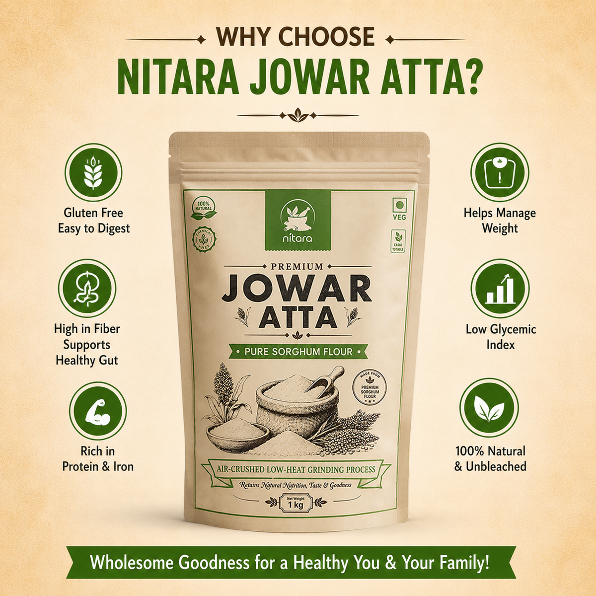 NITARA Jowar Flour | Premium Quality | 1kg