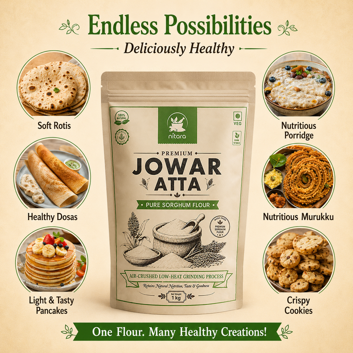 NITARA Jowar Flour | Premium Quality | 1kg