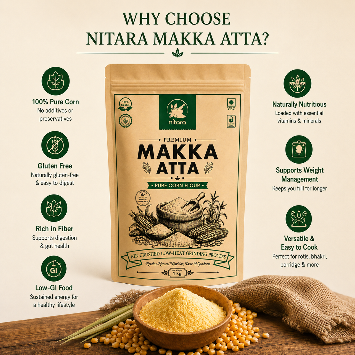 NITARA Makka Flour | Premium Quality | 1kg