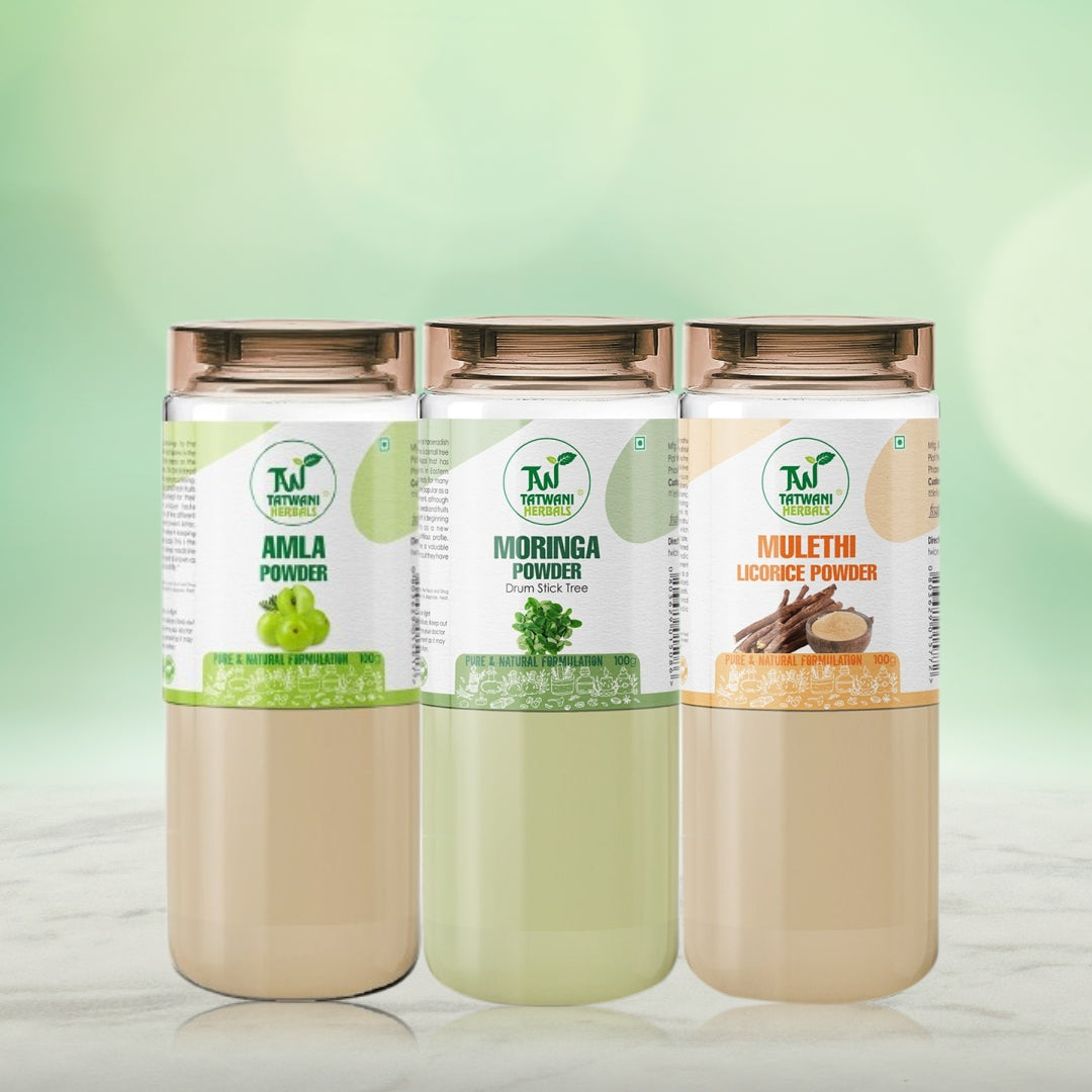 TATWANI HERBALS Amla Powder + Mulethi Powder + Moringa Powder 300g (100g Each) Ayurvedic Support for Skin Health | Licorice Root For Health, Skin and Hair Care | Edible