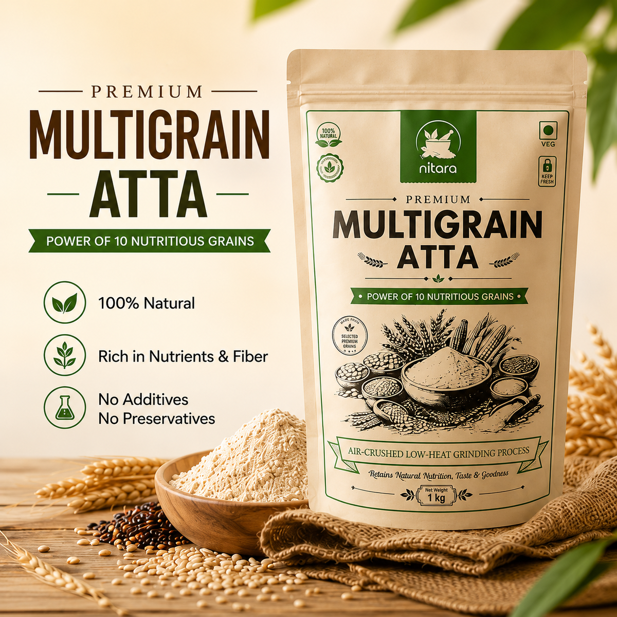 NITARA 10-Grain Multigrain Atta | Premium Quality | 1kg