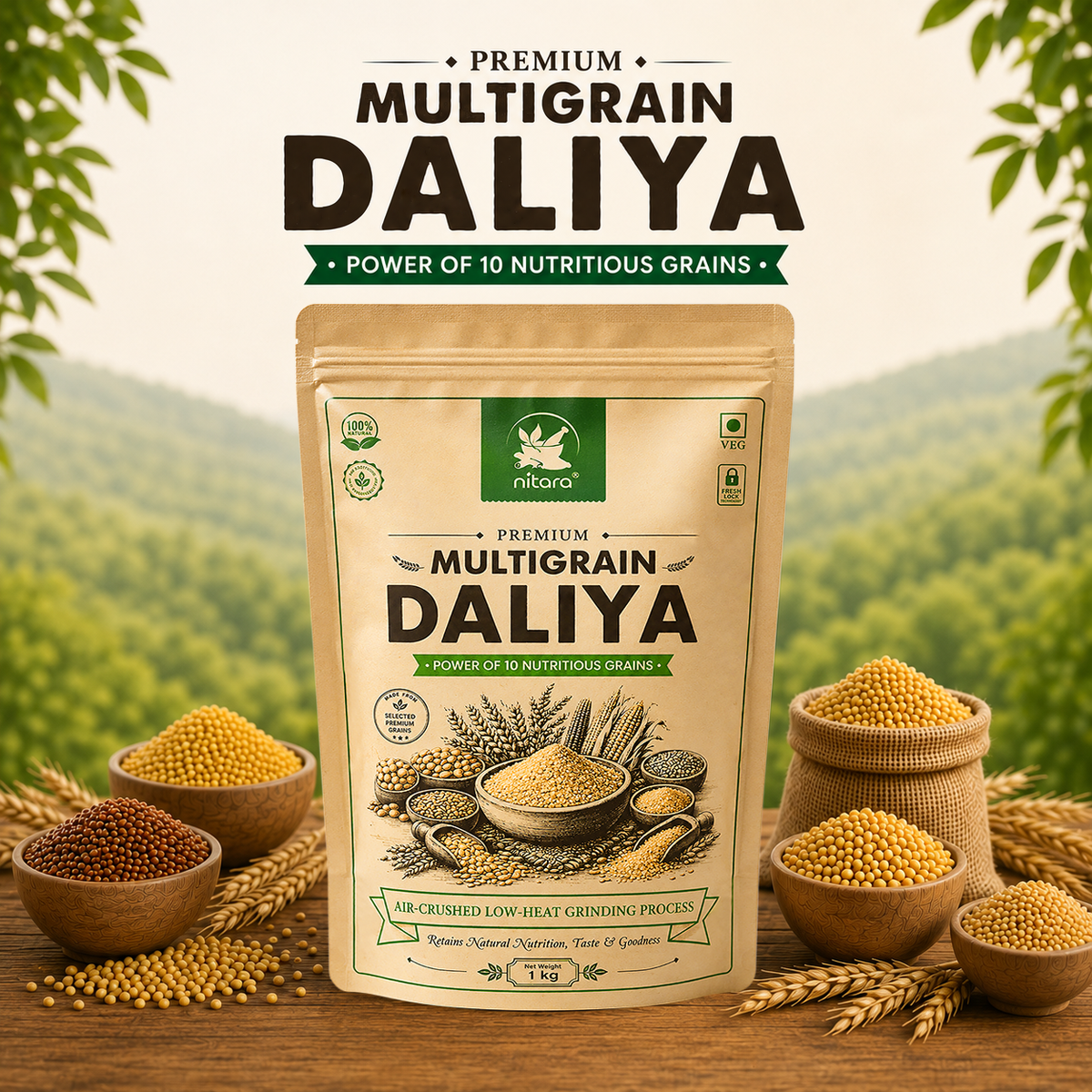 NITARA Multigrain Daliya | 10 Grain Blend | Air-Crushed Processing | Super Breakfast | 1kg