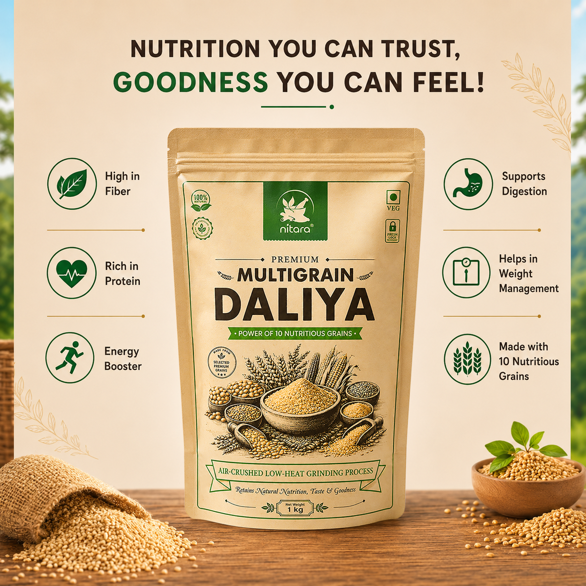 NITARA Multigrain Daliya | 10 Grain Blend | Air-Crushed Processing | Super Breakfast | 1kg