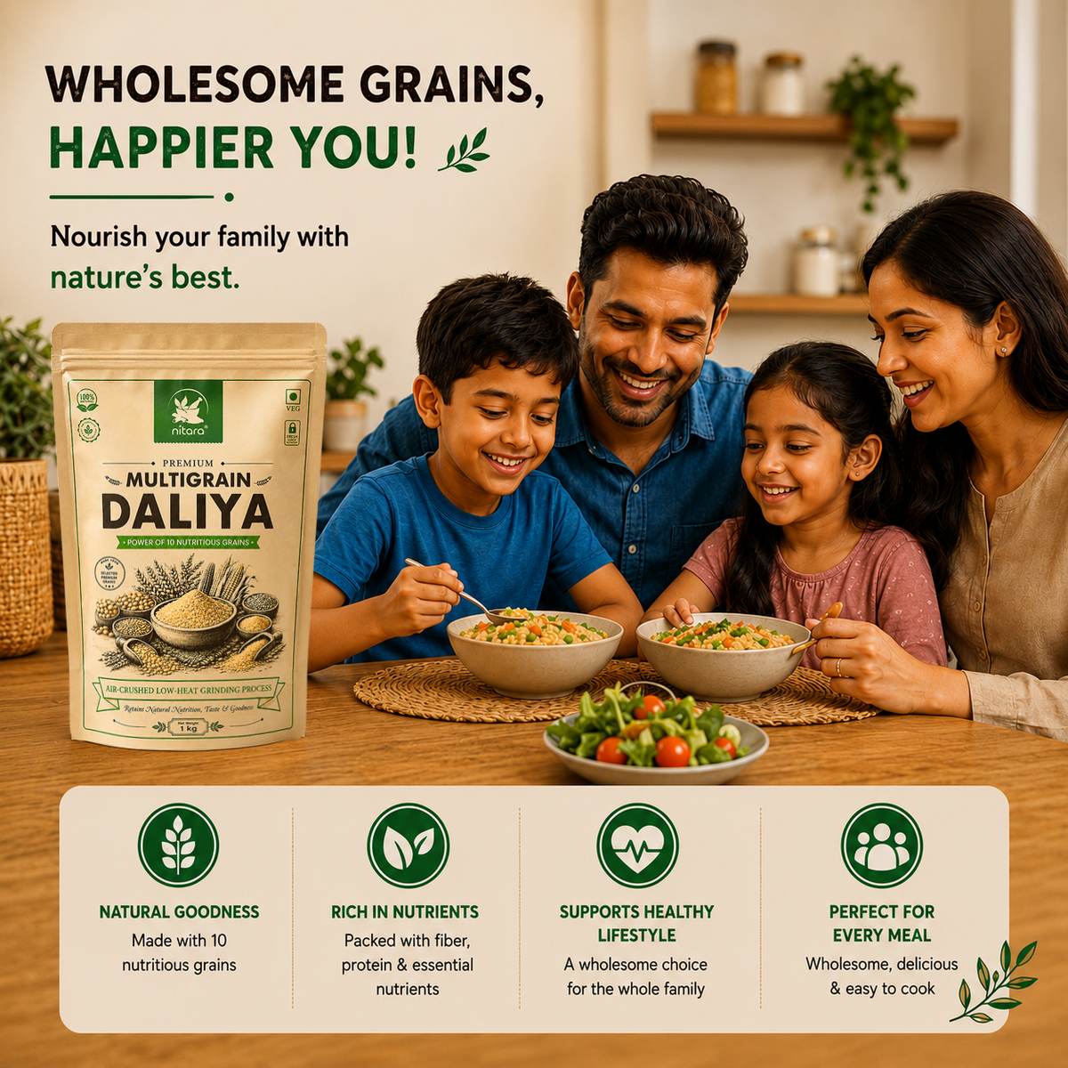 NITARA Multigrain Daliya | 10 Grain Blend | Air-Crushed Processing | Super Breakfast | 1kg