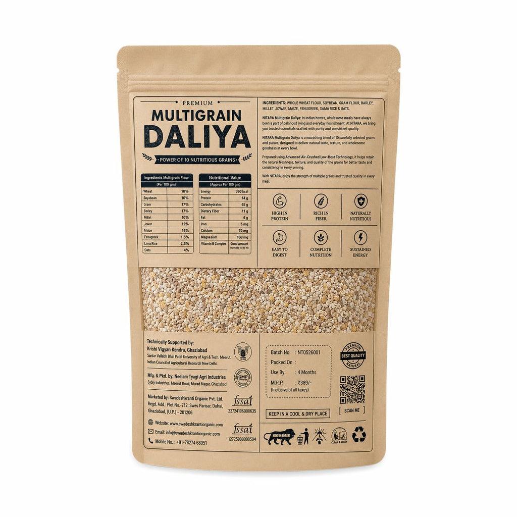 NITARA Multigrain Daliya | 10 Grain Blend | Air-Crushed Processing | Super Breakfast | 1kg