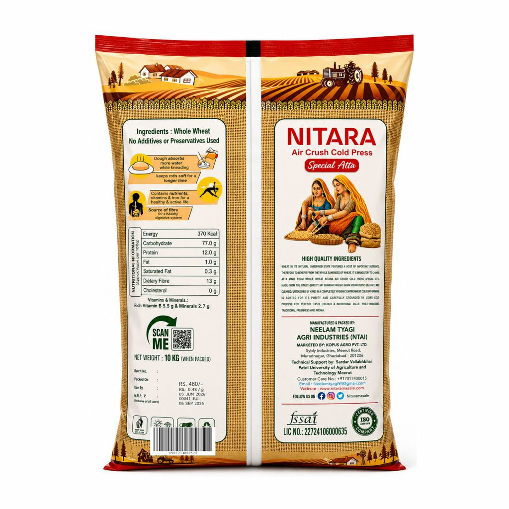 NITARA Whole Wheat Atta 10 Kg | Air-Crushed Processing | Made from Premium Quality Wheat | No Added Preservatives | Soft & Tasty Rotis