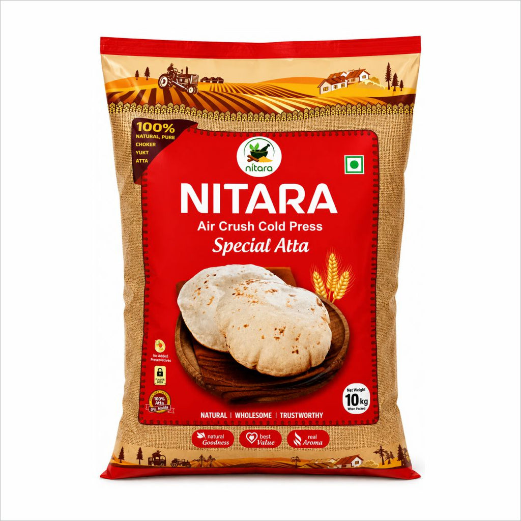 NITARA Whole Wheat Atta 10 Kg | Air-Crushed Processing | Made from Premium Quality Wheat | No Added Preservatives | Soft & Tasty Rotis