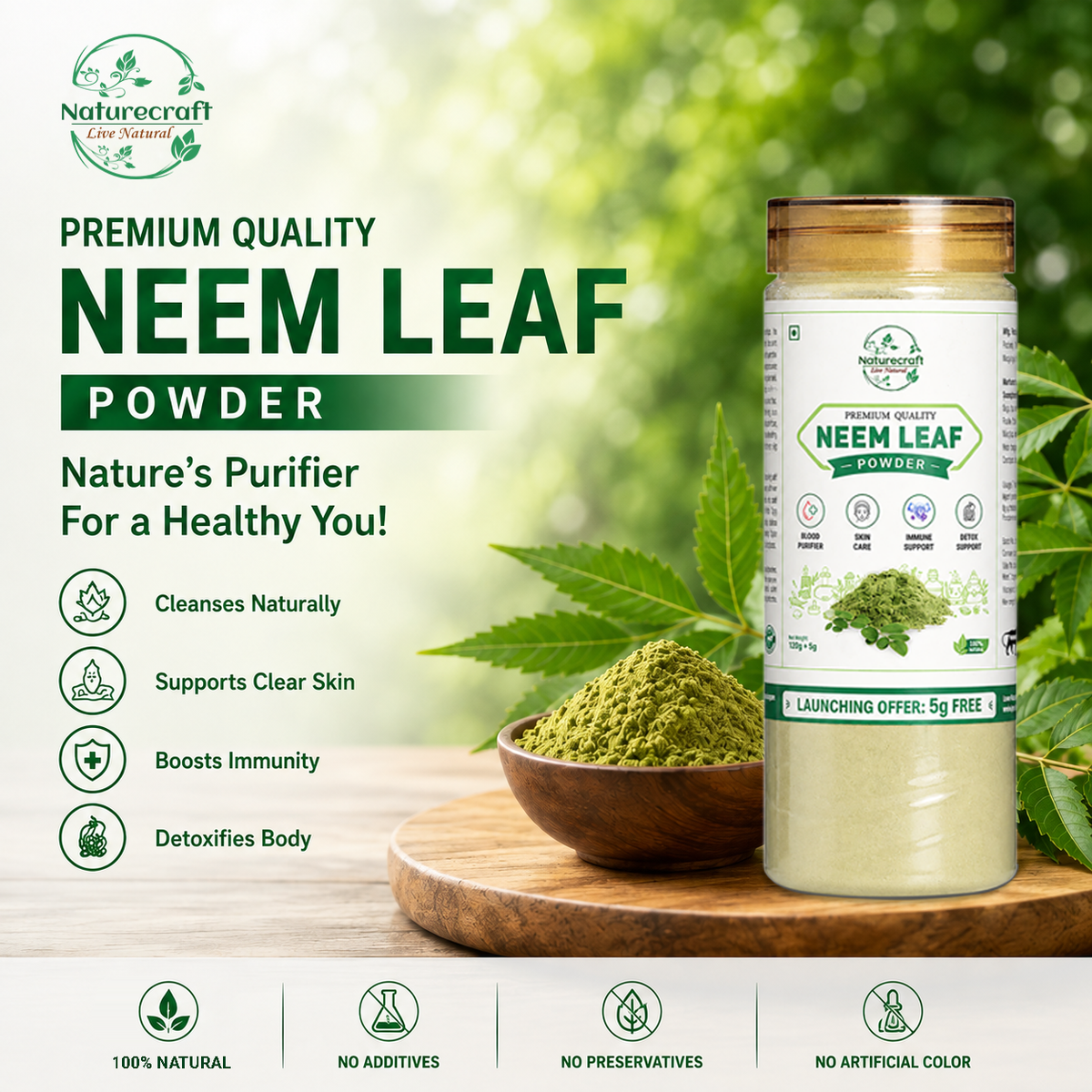 Naturecraft Neem Leaf Powder – 125 g (5 g Extra Free)