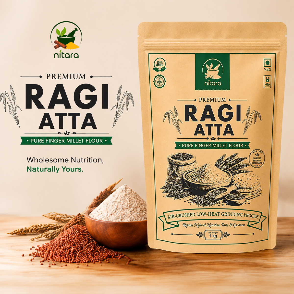 NITARA Ragi Atta (Finger Millet Flour) | Air-Crushed Processing | Premium Quality | 1kg