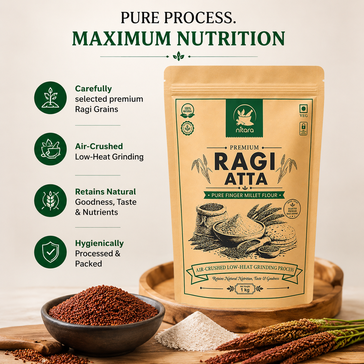 NITARA Ragi Atta (Finger Millet Flour) | Air-Crushed Processing | Premium Quality | 1kg