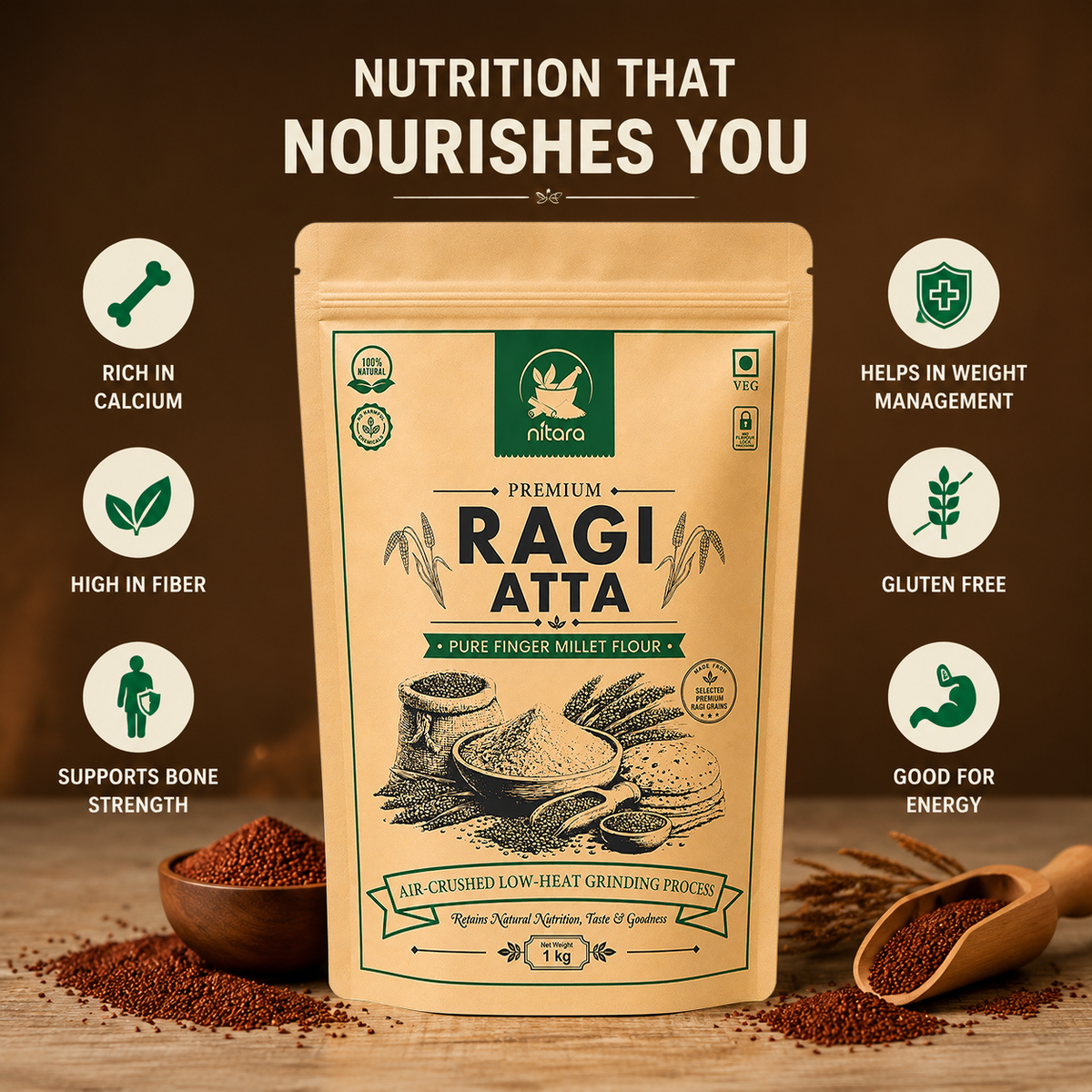NITARA Ragi Atta (Finger Millet Flour) | Air-Crushed Processing | Premium Quality | 1kg