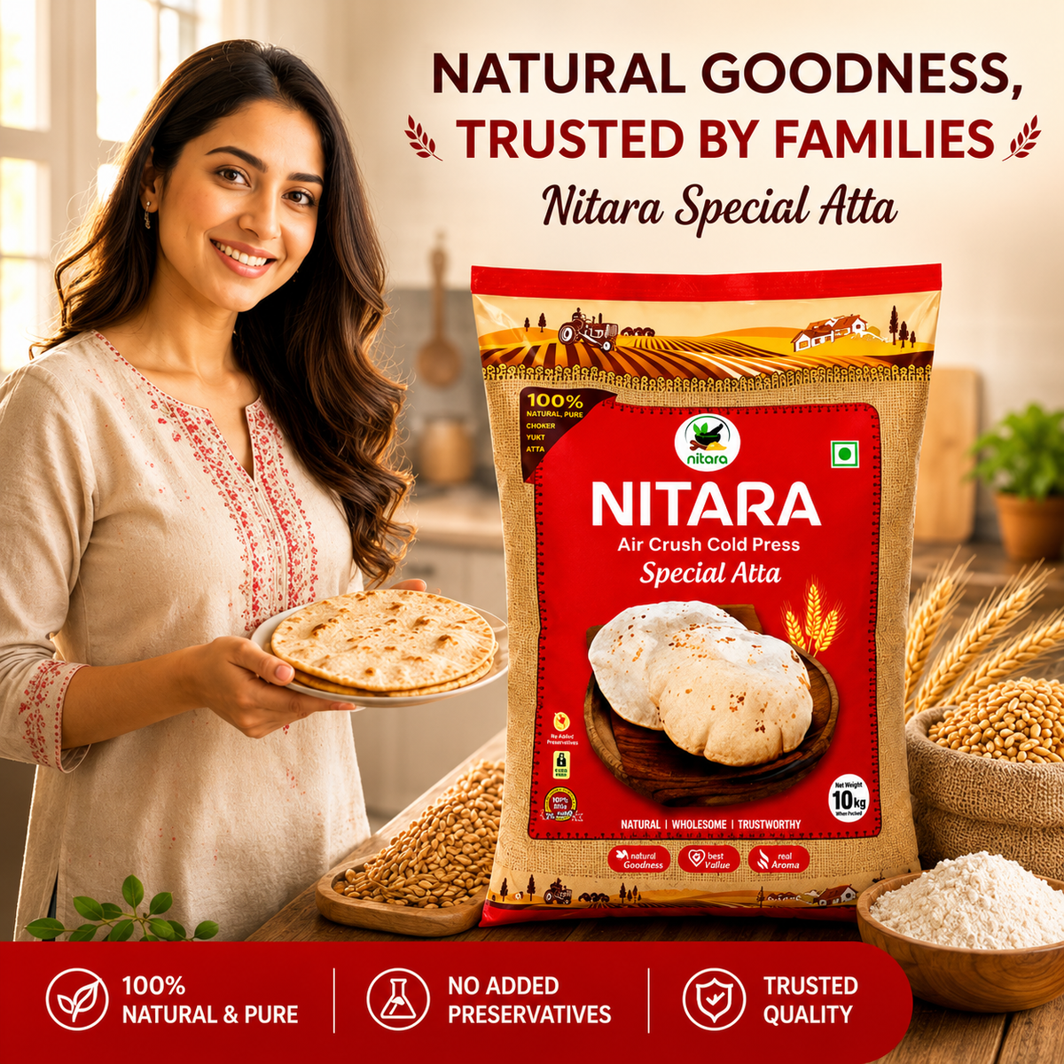 NITARA Whole Wheat Atta 10 Kg | Air-Crushed Processing | Made from Premium Quality Wheat | No Added Preservatives | Soft & Tasty Rotis